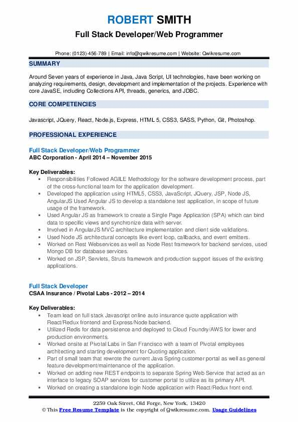 Java full stack developer resume free download