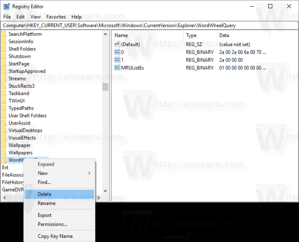 Clear file explorer history