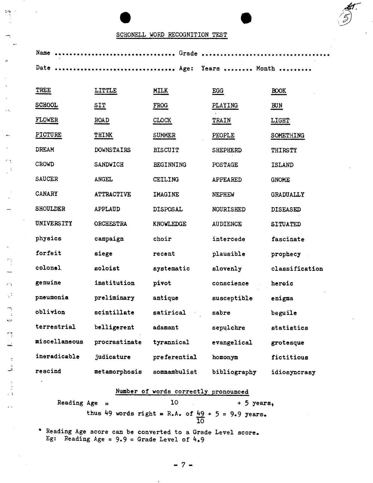 Schonell 100 spellings test