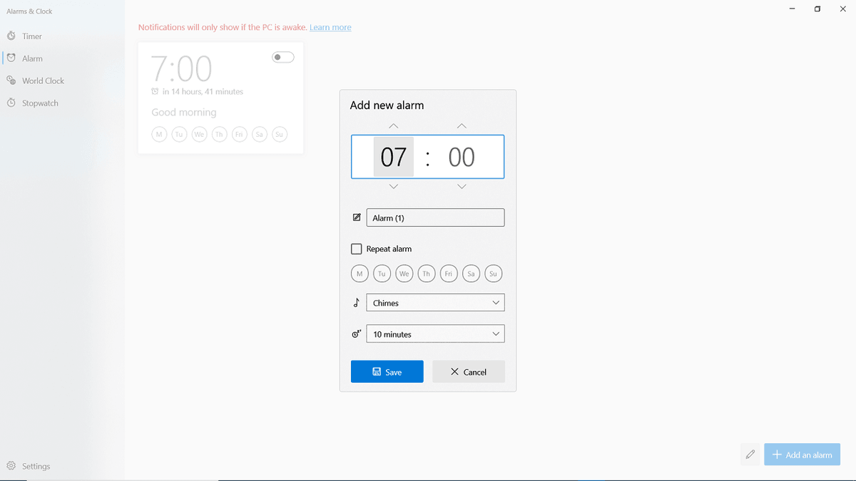 Windows 10 alarm not working