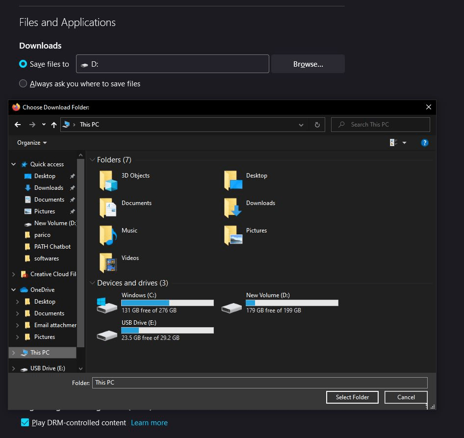 Firefox Drive Change location on firefox
