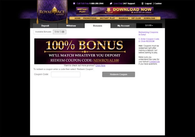 Royal ace casino free spin bonus codes