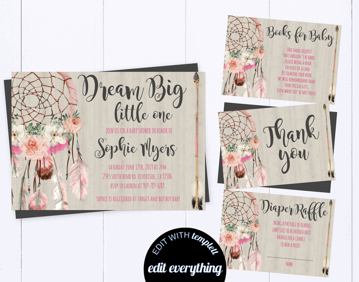 Dream catcher baby shower invitations