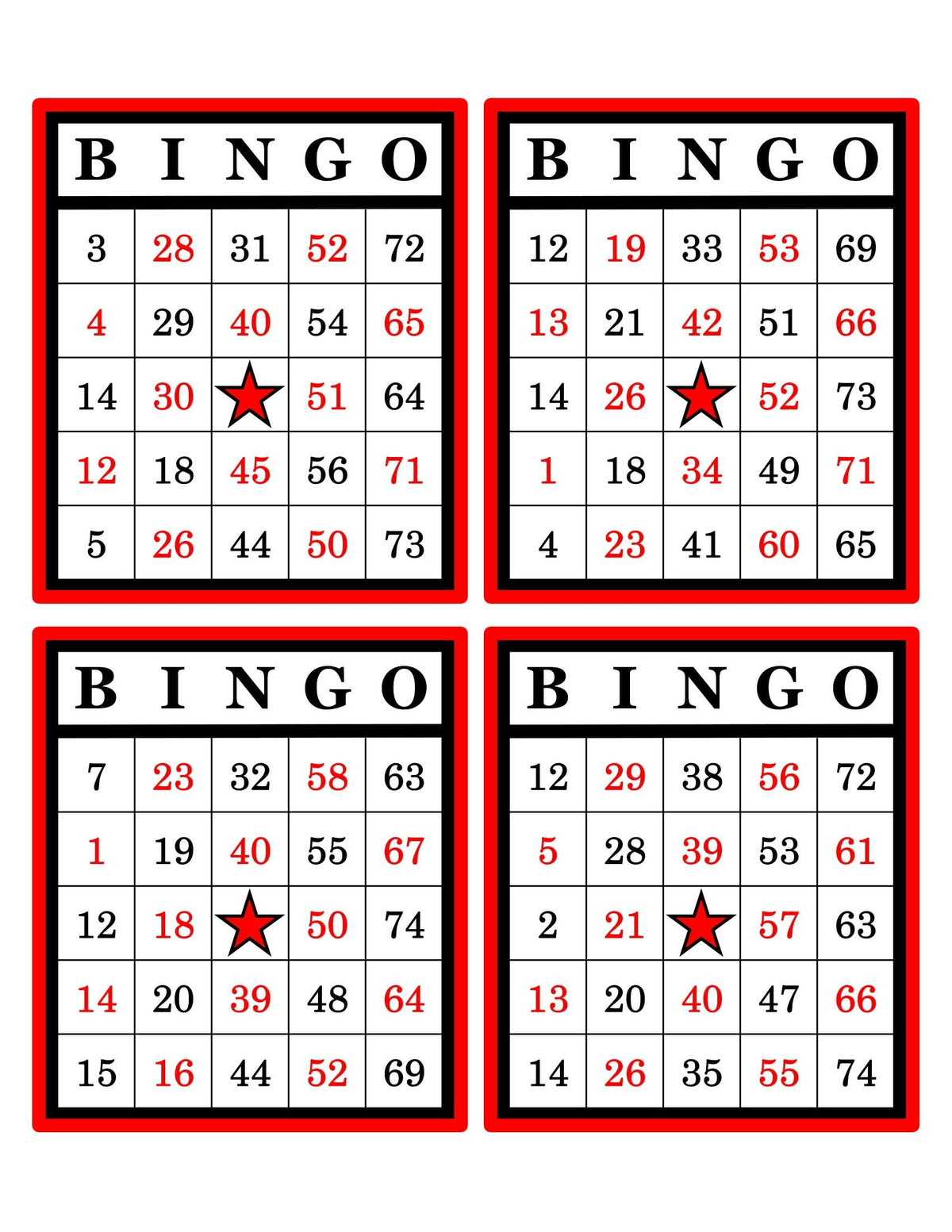Blank printable bingo cards 4 per page