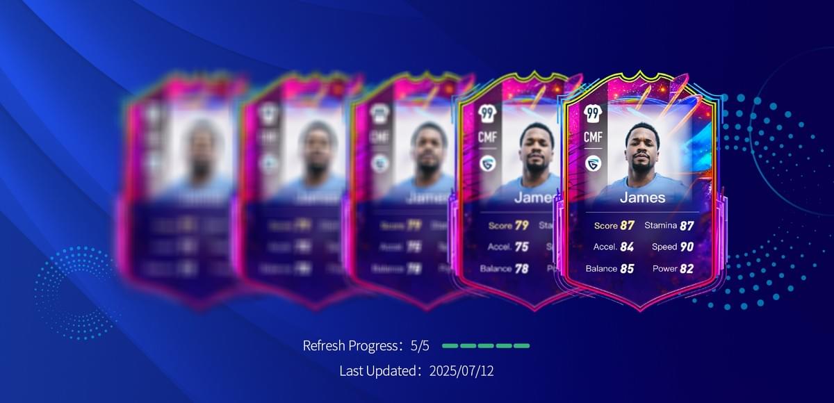A poster of the INSAIT JOY app showing a progression of 5 player rating cards, illustrating the refresh progress and data updates from July 2025.