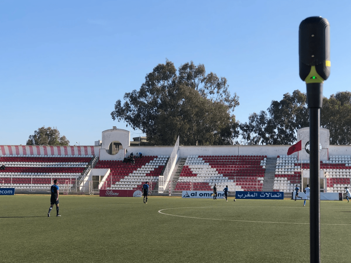 A close-up of the mobile INSAIT KS UWB anchor antenna at the Association Sportive de Salé (AS Salé) training base during a practice match in Morocco.
