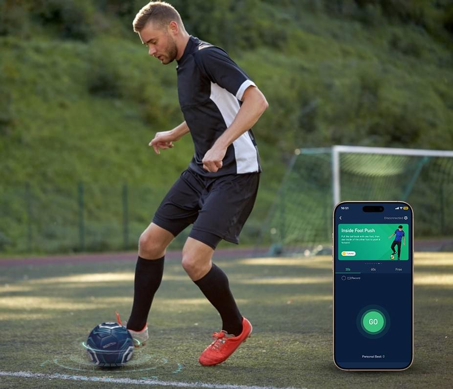 A young player practicing dribbling drills in a garden with the INSAIT JOY smart football, with a smartphone overlay showing the "Inside Foot Push" training mode.