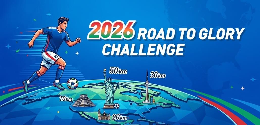 Road to Glory challenge banner showing a football player kicking a ball on a map of North America, with four distance milestones 10km, 20km, 30km, and 50km.