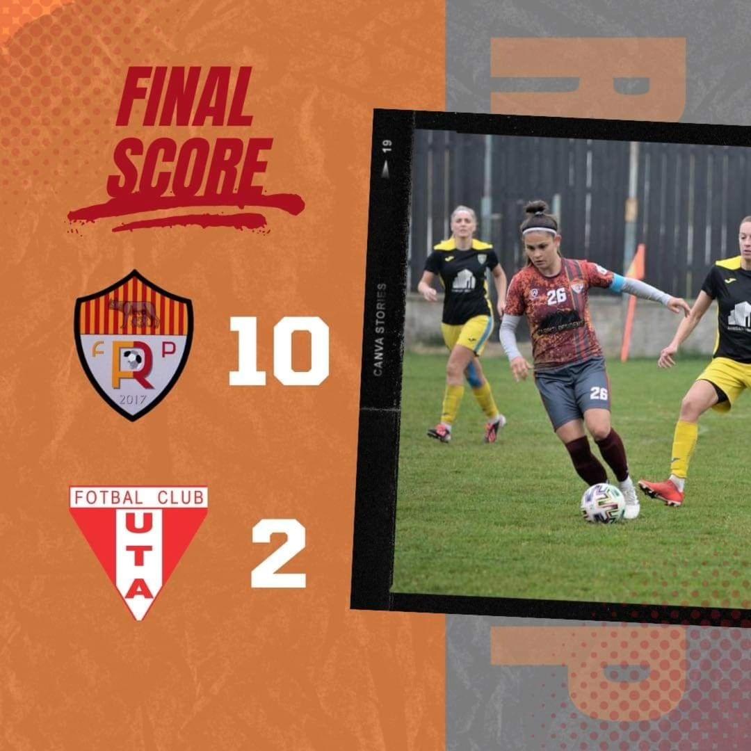 Instagram post from ROMA Florin Pădurean celebrating a 10-2 victory in Liga 2 Feminin, featuring a player wearing INSAIT JOY smart shin guards.