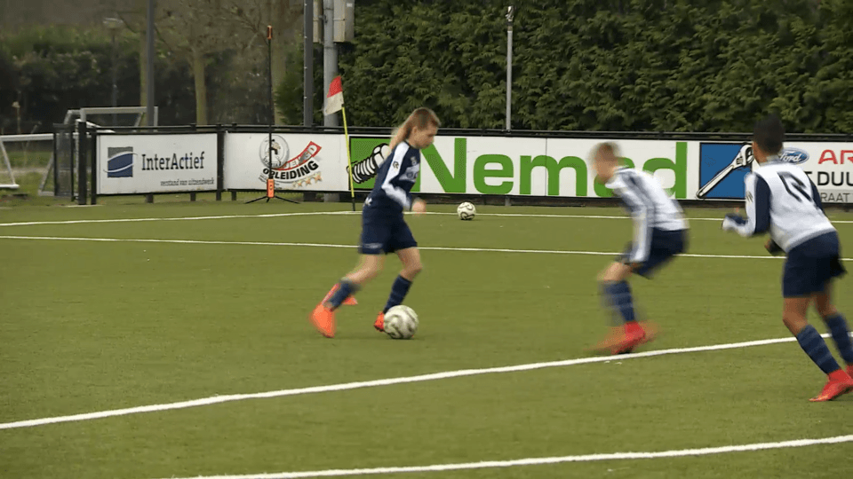 A youth player from Sparta Rotterdam U11 academy training with the INSAIT JOY smart football, applying the same "Connected Ball" sensor technology seen at UEFA EURO 2024 to youth development.