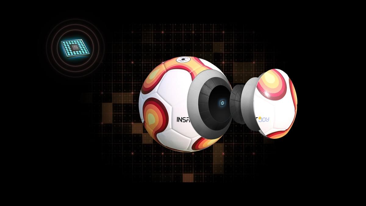 Exploded view of INSAIT JOY Smart Football showing internal AI sensors and connected ball technology.