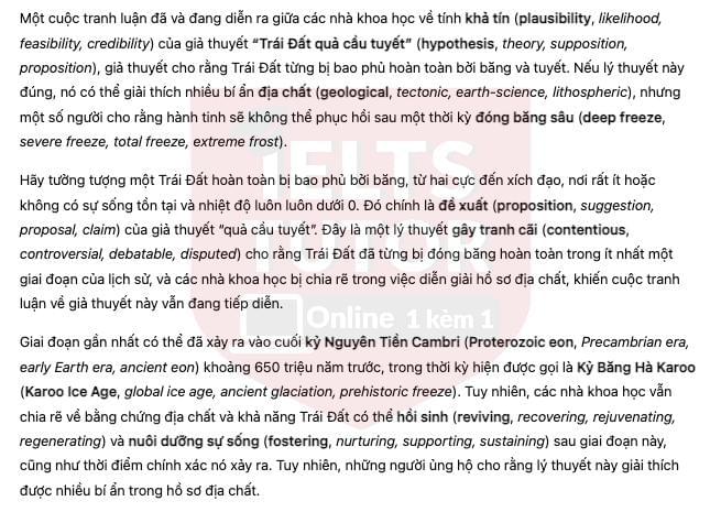 🔥The Snowball Earth Hypothesis Answers with location - Đề thi thật IELTS READING- Làm bài online format computer-based, kèm đáp án, dịch & giải thích từ vựng - cấu trúc ngữ pháp khó
