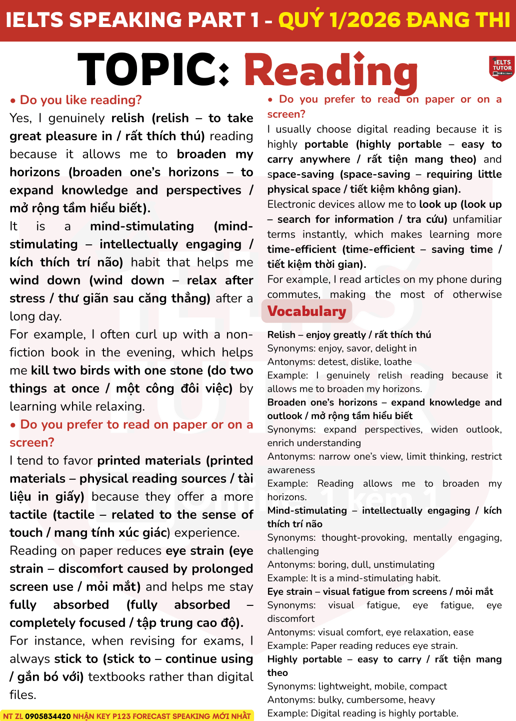 🔥Bài mẫu IELTS Speaking Part 1 chủ đề "Reading" kèm từ vựng (Quý 1/2026)