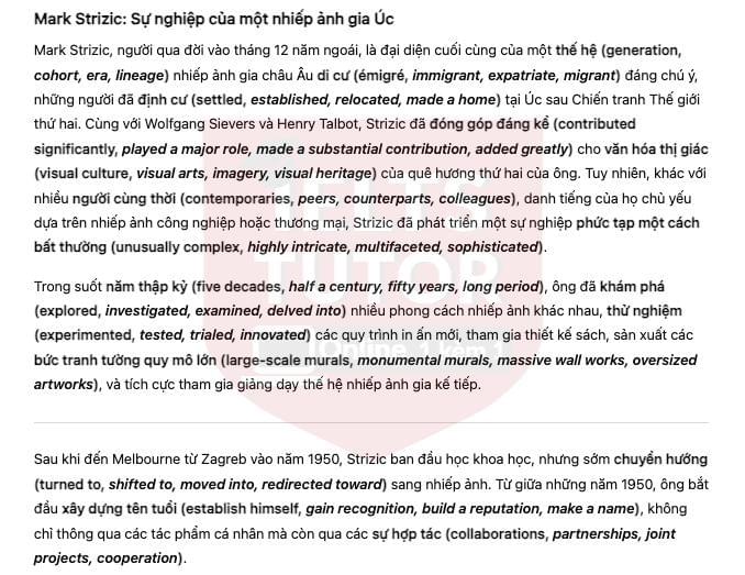 🔥Mark Strizic: A career of an Australian photographer Answers with location - Đề thi thật IELTS READING- Làm bài online format computer-based, kèm đáp án, dịch & giải thích từ vựng - cấu trúc ngữ pháp khó