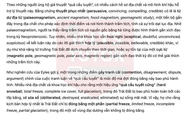 🔥The Snowball Earth Hypothesis Answers with location - Đề thi thật IELTS READING- Làm bài online format computer-based, kèm đáp án, dịch & giải thích từ vựng - cấu trúc ngữ pháp khó