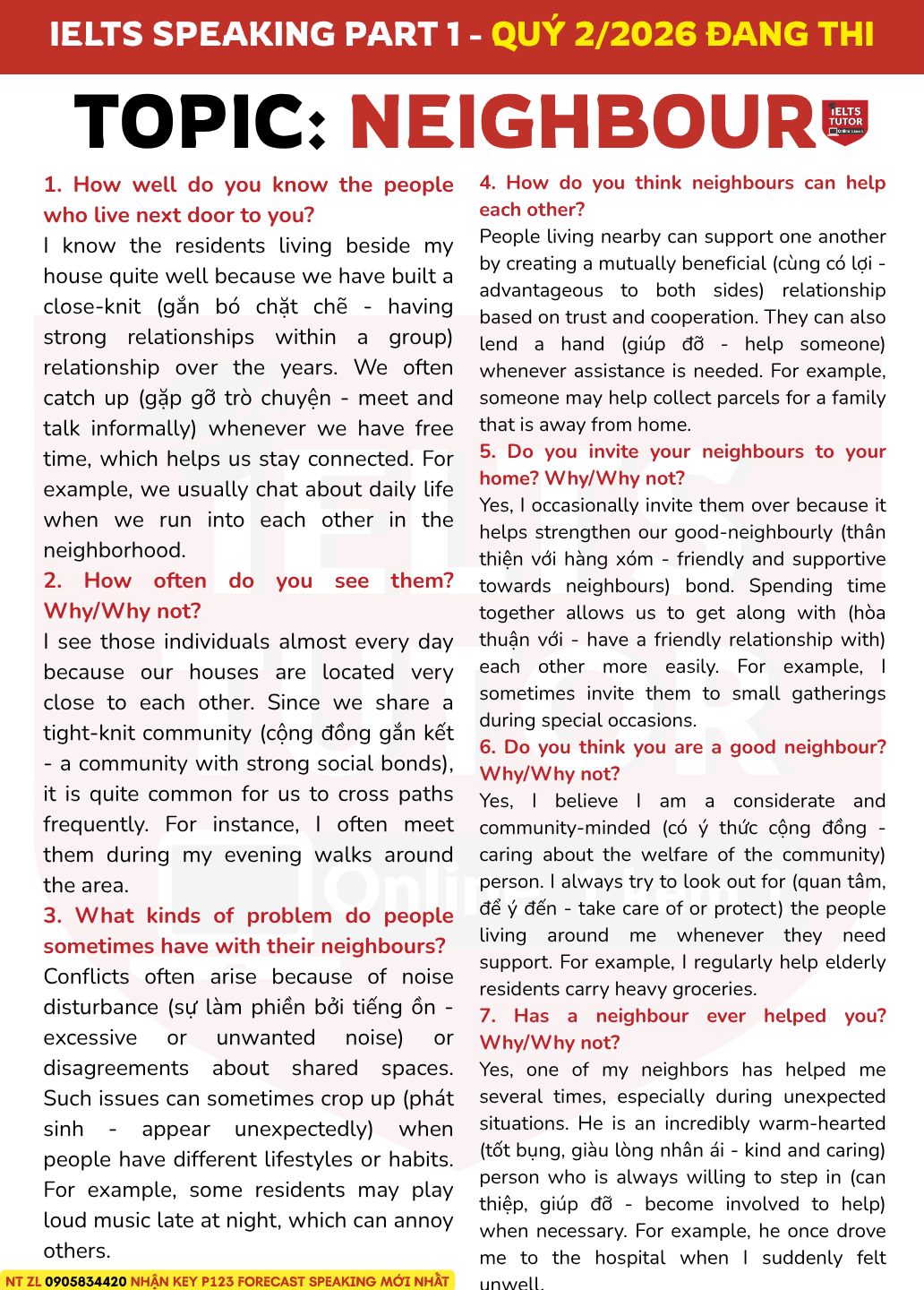 Giải Part 1 topic "Neighbours" IELTS SPEAKING