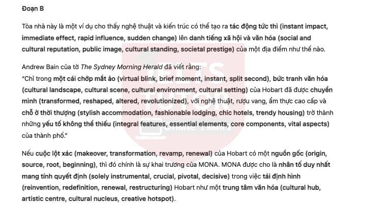 Tasmania's Museum of Old and New Art Answers with location - Đề thi thật IELTS READING