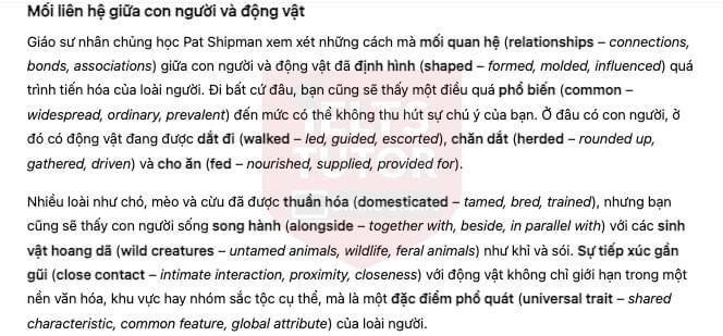 🔥The Animal Connection Answers with location - Đề thi thật IELTS READING- Làm bài online format computer-based, kèm đáp án, dịch & giải thích từ vựng - cấu trúc ngữ pháp khó