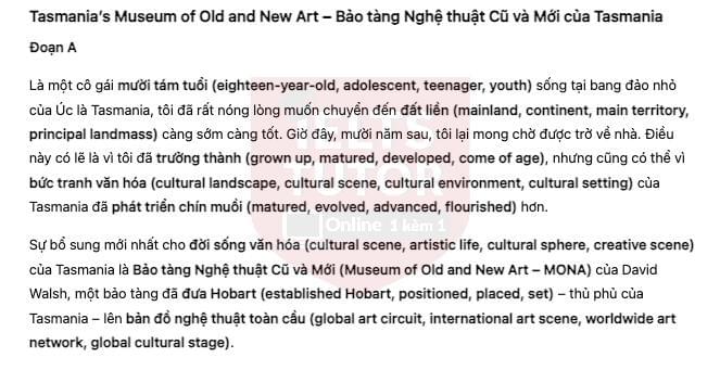 Tasmania's Museum of Old and New Art Answers with location - Đề thi thật IELTS READING