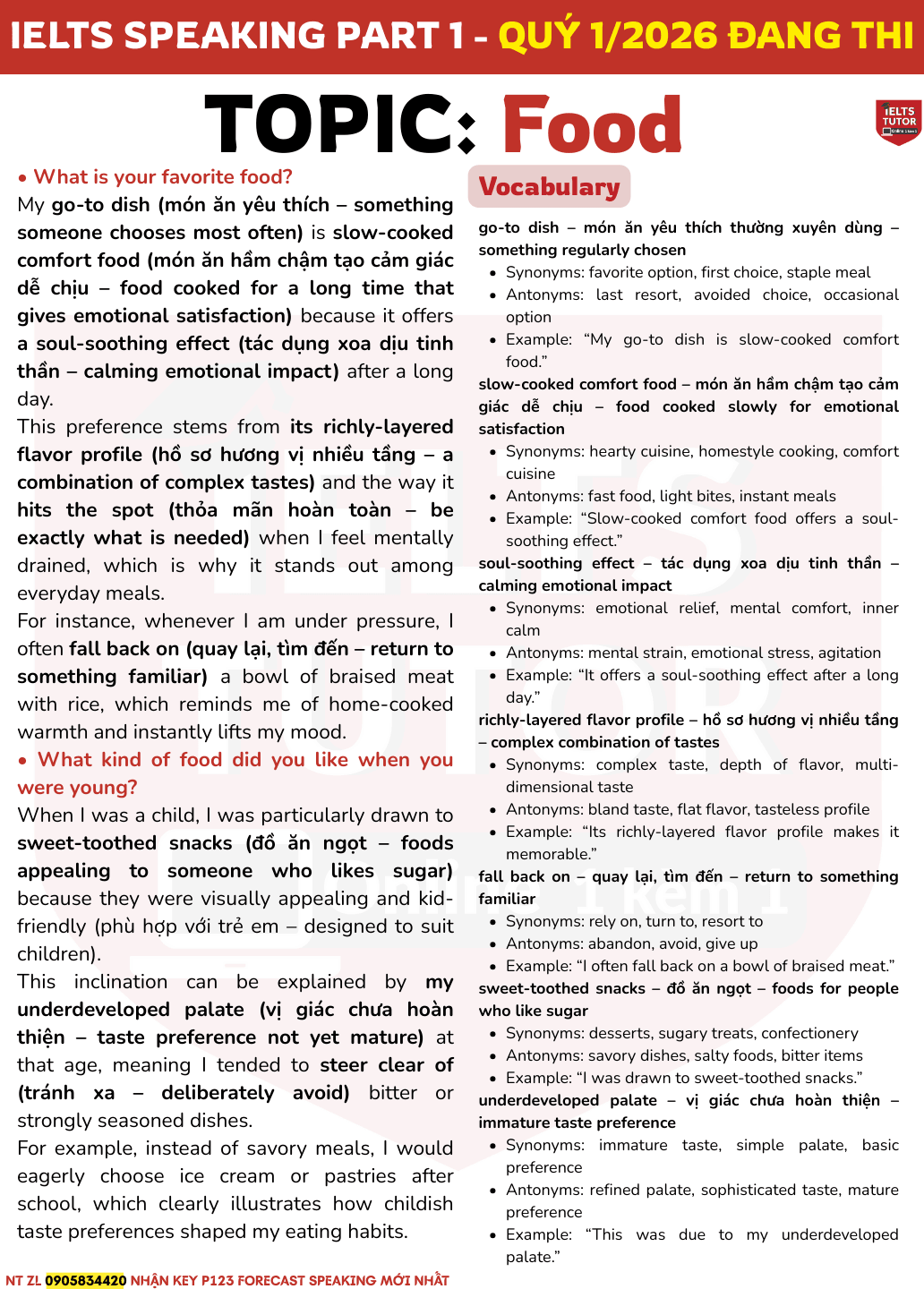 🔥Bài mẫu IELTS Speaking Part 1 chủ đề "Food" kèm từ vựng (Quý 1/2026)