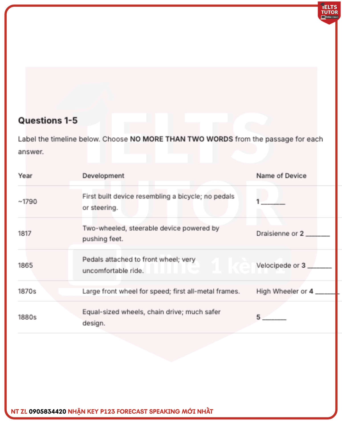 🔥The development of the bicycle Answers with location - Đề luyện tập IELTS READING- Làm bài online format computer-based, kèm đáp án, dịch & giải thích từ vựng - cấu trúc ngữ pháp khó