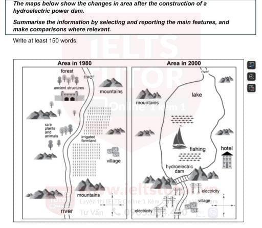 The maps below show the changes in a town after the construction of a hydroelectric power dam