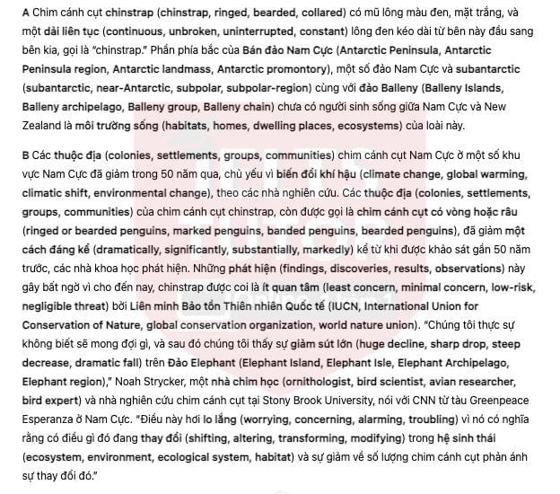 🔥Chinstrap Penguin Population In The Last 50 Years Answers with location - Đề thi thật IELTS READING- Làm bài online format computer-based, kèm đáp án, dịch & giải thích từ vựng - cấu trúc ngữ pháp khó