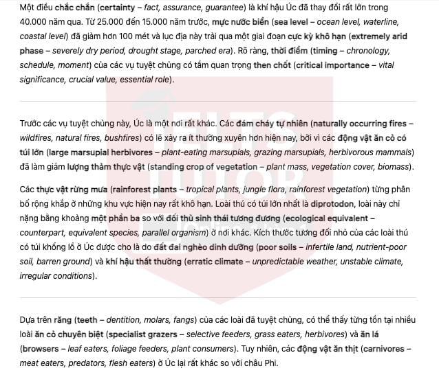 🔥The lost animals of Australia Answers with location - Đề thi thật IELTS READING- Làm bài online format computer-based, kèm đáp án, dịch & giải thích từ vựng - cấu trúc ngữ pháp khó