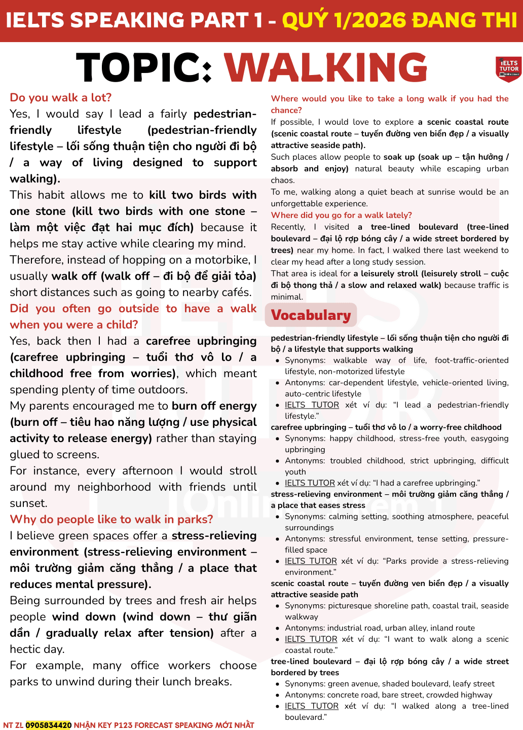 🔥Bài mẫu IELTS Speaking Part 1 chủ đề "walking" kèm từ vựng (Quý 1/2026)