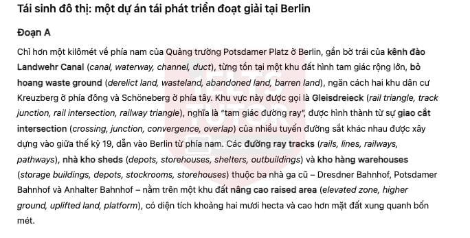 🔥Urban Regeneration: an award-winning redevelopment project in Berlin Answers with location - Đề thi thật IELTS READING- Làm bài online format computer-based, kèm đáp án, dịch & giải thích từ vựng - cấu trúc ngữ pháp khó