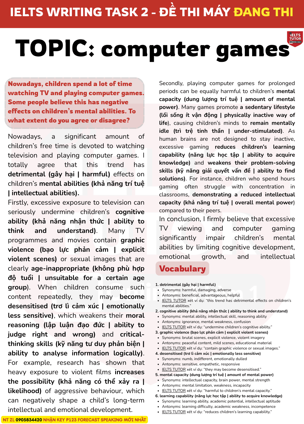 Nowadays, children spend a lot of time watching TV and playing computer games. Some people believe this has negative effects on children’s mental abilities. To what extent do you agree or disagree?