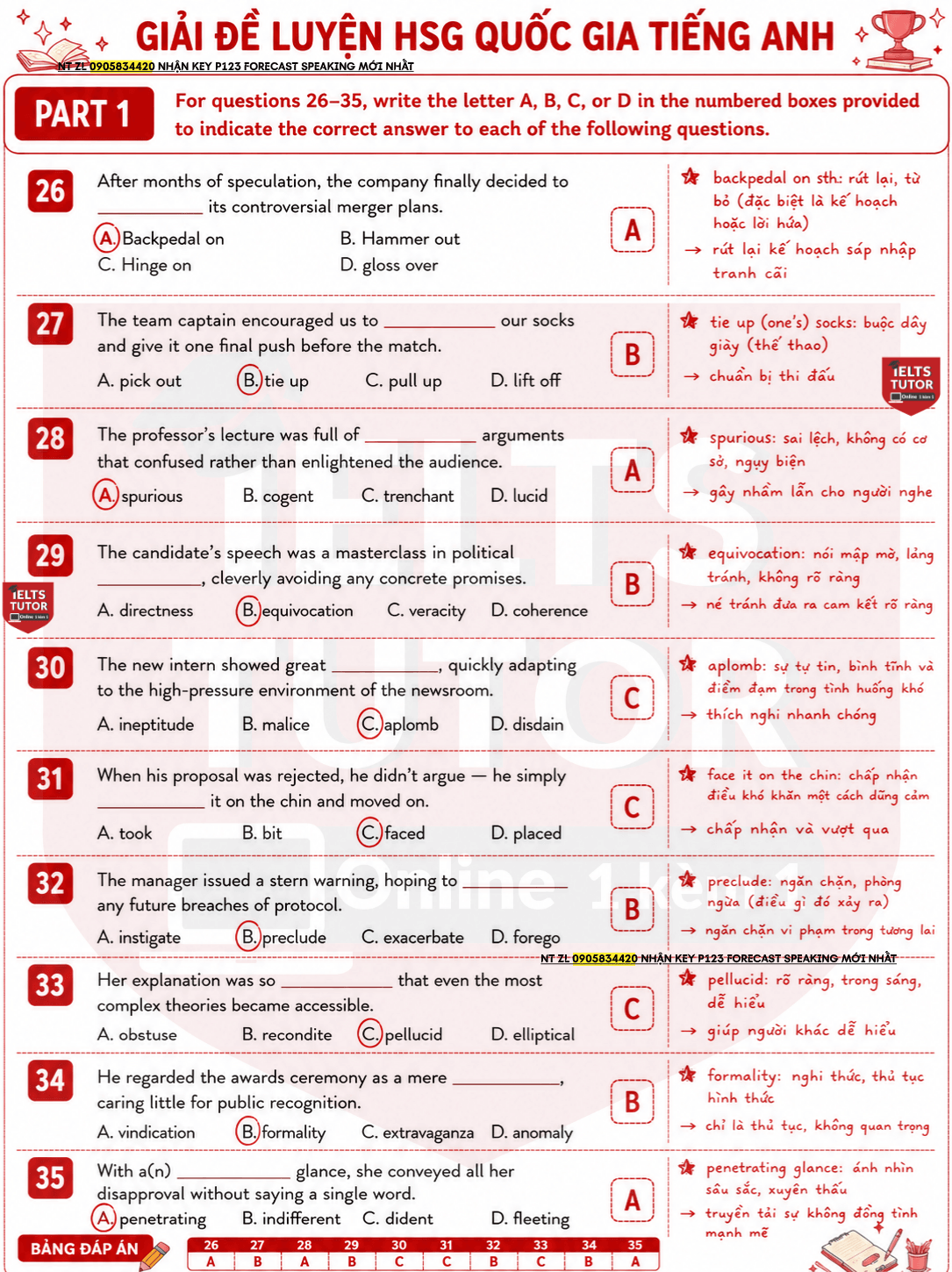 Giải trắc nghiệm từ vựng đề luyện HSGQG môn Anh