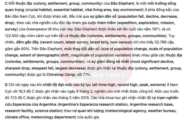 🔥Chinstrap Penguin Population In The Last 50 Years Answers with location - Đề thi thật IELTS READING- Làm bài online format computer-based, kèm đáp án, dịch & giải thích từ vựng - cấu trúc ngữ pháp khó