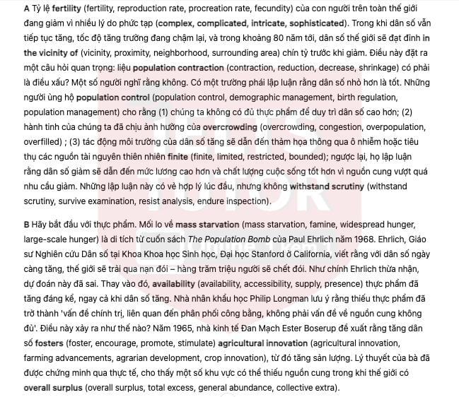 🔥Effects of changes in world population Answers with location - Đề thi thật IELTS READING- Làm bài online format computer-based, kèm đáp án, dịch & giải thích từ vựng - cấu trúc ngữ pháp khó