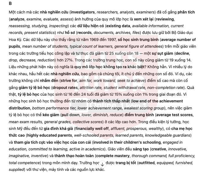 Does class size matter? Answers with location - Đề thi thật IELTS READING