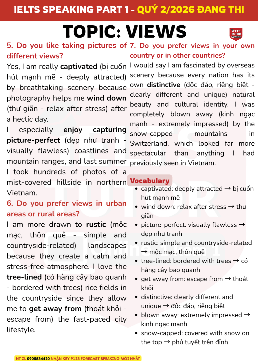 Bài mẫu IELTS Speaking Part 1 chủ đề good view kèm từ vựng