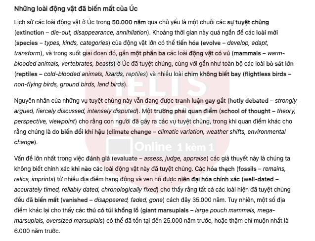 🔥The lost animals of Australia Answers with location - Đề thi thật IELTS READING- Làm bài online format computer-based, kèm đáp án, dịch & giải thích từ vựng - cấu trúc ngữ pháp khó
