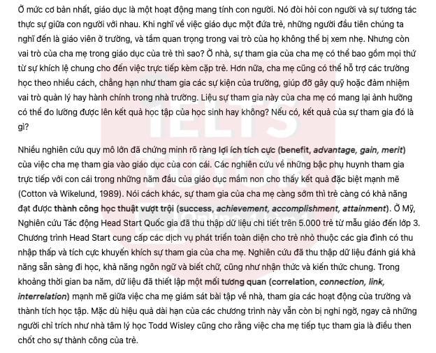 🔥Parental Involvement in Children’s Education Answers with location - Đề thi thật IELTS READING- Làm bài online format computer-based, kèm đáp án, dịch & giải thích từ vựng - cấu trúc ngữ pháp khó
