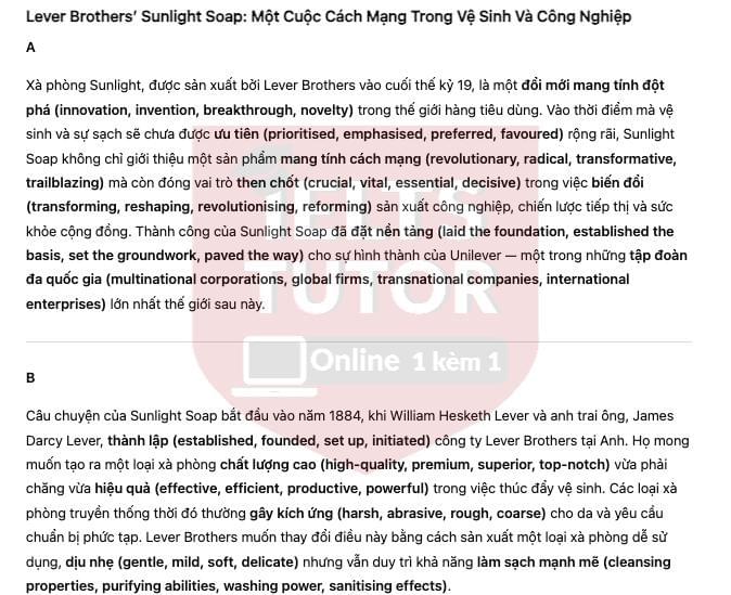 🔥Lever Brothers’ Sunlight Soap A Revolution in Hygiene and Industry - Đề thi thật IELTS READING - Làm bài online format computer-based, kèm đáp án, dịch & giải thích từ vựng - cấu trúc ngữ pháp khó   