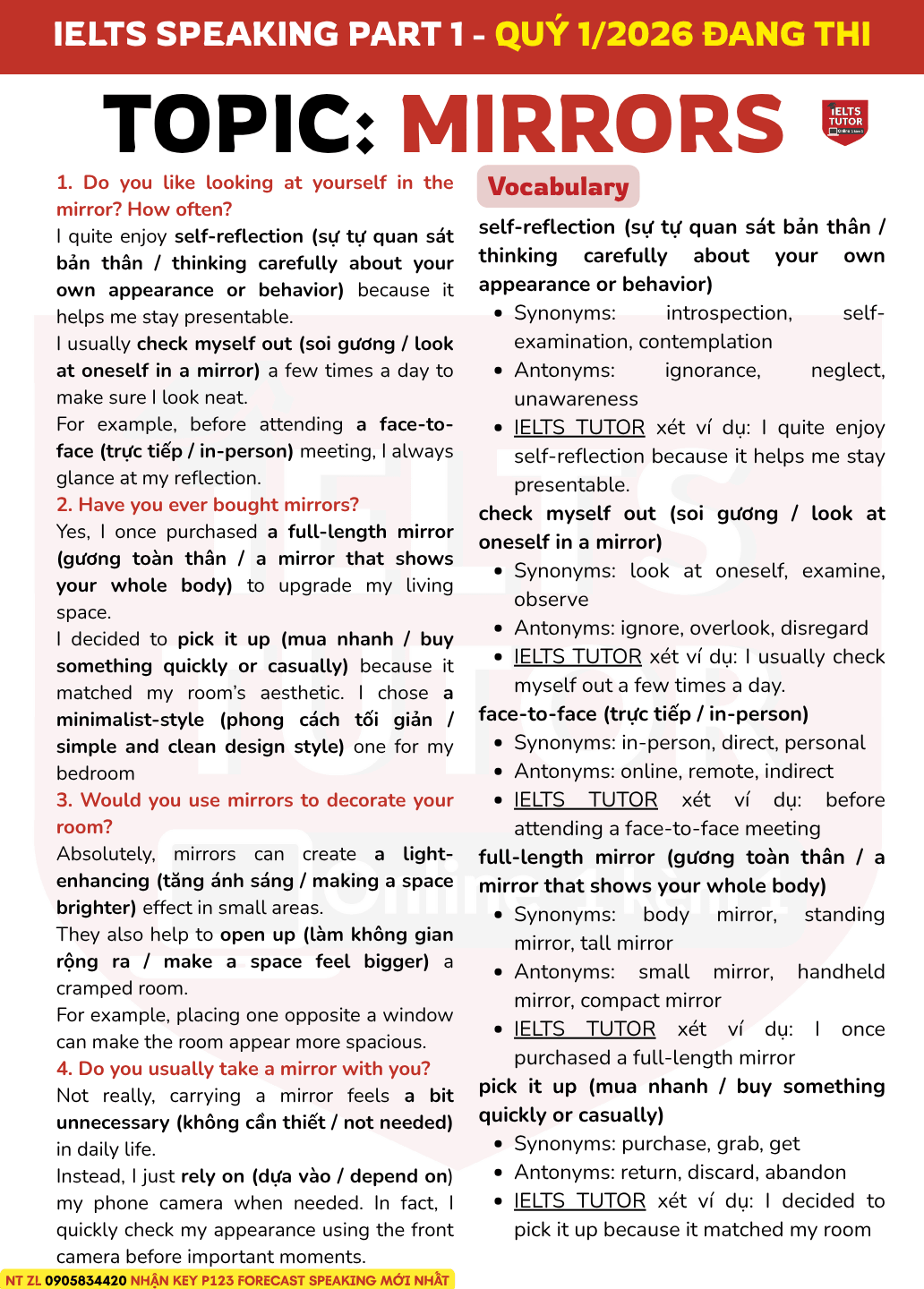 Bài mẫu IELTS Speaking Part 1 chủ đề "Mirror" kèm từ vựng (Quý 1/2026)