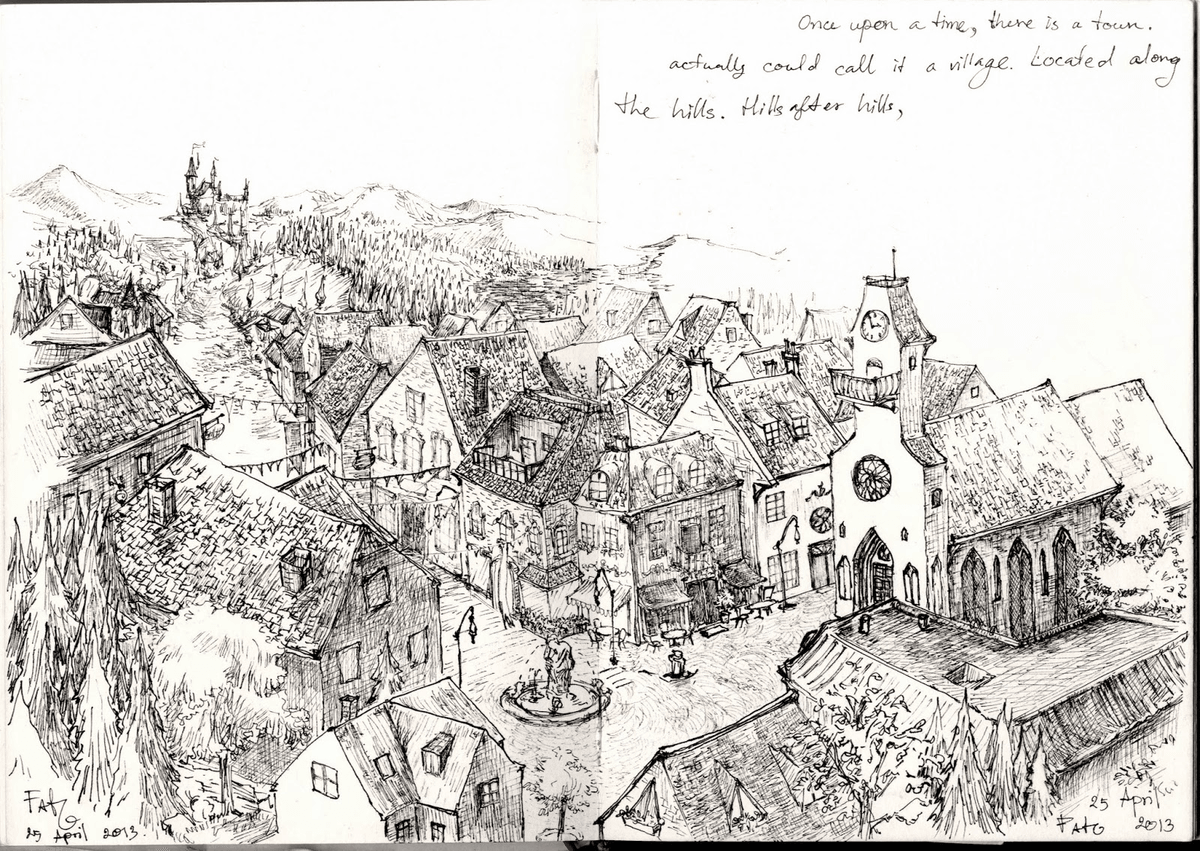 drawing medieval village