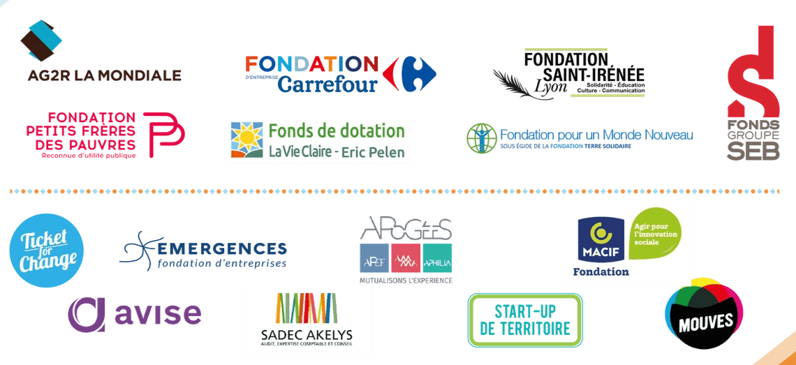 AG2R La Monodiale, Fondation Carrefour, Fondation Saint-Irénée, Fondation pour un monde nouveau, Fonds Groupe SEB, Ticket for change, Émergences, Apgées, Macif Fondation, Avise, SADEC AKELYS, Start-up de territoire, Mouves