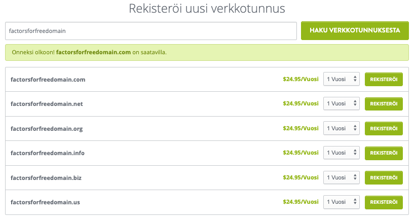 Strikingly verkkotunnuksen hakusivu