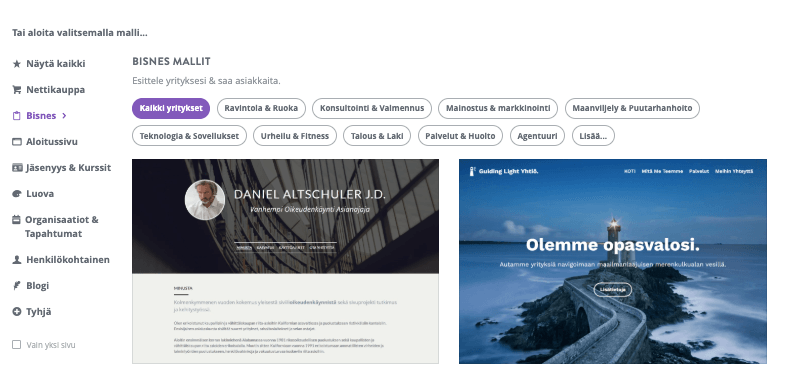 Verkkosivuston kotisivu Strikinglyssä - Valitse Strikingly-mallipohja