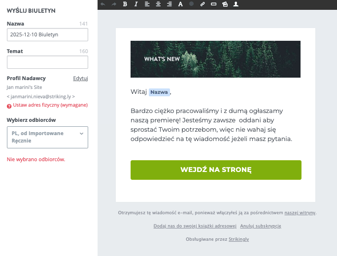 Funkcja biuletynu Strikingly