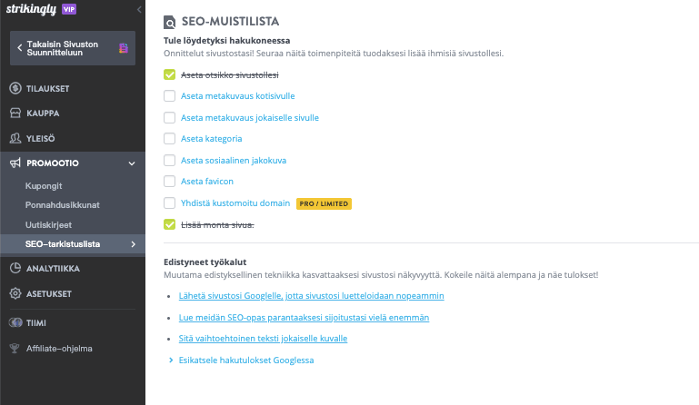 Kuinka aloittaa verkkokauppa Strikingly - Optimoi hakukoneoptimointia varten -työkalulla