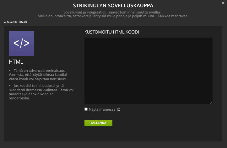 Strikinglyn HTML-osio App Storen kautta
