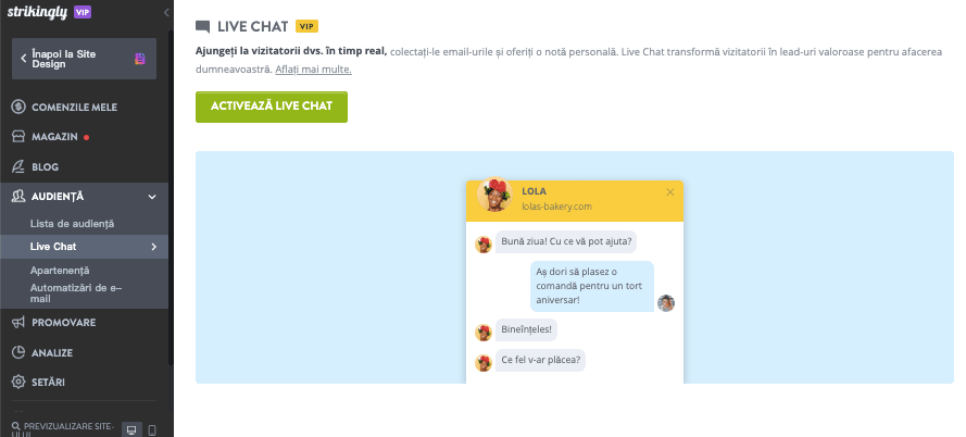 Utilizarea instrumentelor de demonstrare socială - Strikingly - Chat live