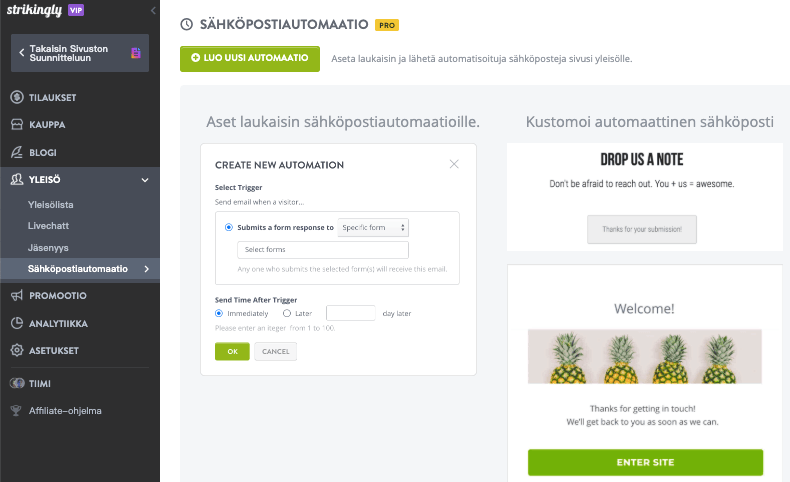 Sähköpostien personointi Strikingly - Transactional Emails -sovelluksella
