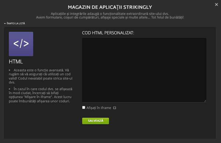 Secțiunea HTML Strikingly prin App Store